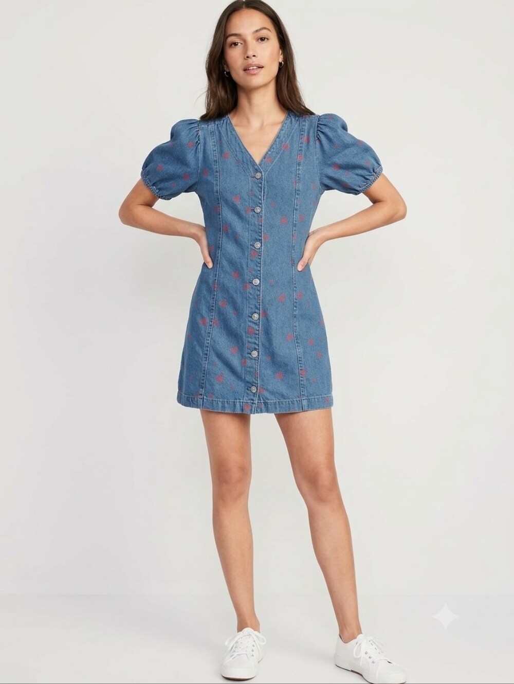 Old Navy Denim Heart Mini Dress Puff Sleeve Button Front Cottagecore Coquette L